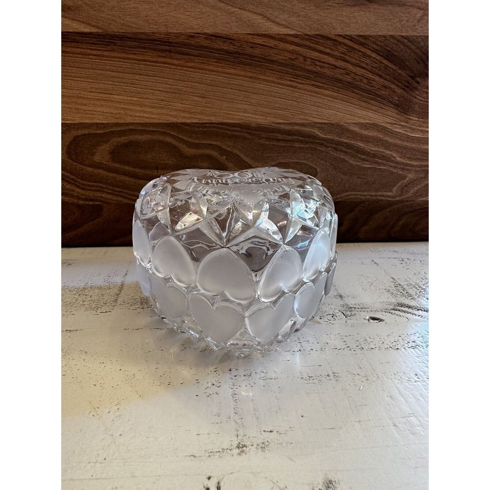 Vtg Heavy Made " 50th Anniversary " Glass Heart Shaped Trinket Box " BEAUTIFUL "